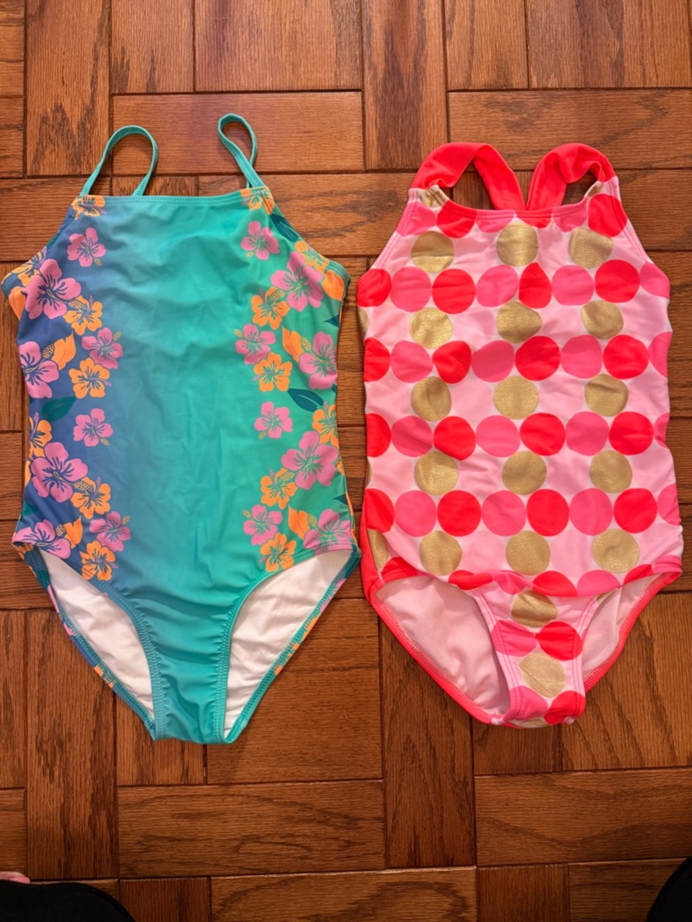 Old Navy and Cat&Jack Girls One-Piece Swimsuits - Teal Floral & Pink Gold Dot